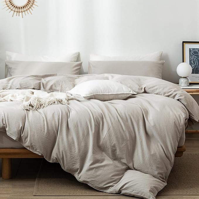 MooMee Bedding Duvet Cover Set 100% Washed Cotton Linen Like Textured Breathable Durable Soft Comfy (Heathered Cream Grey, Super King 108"x98")