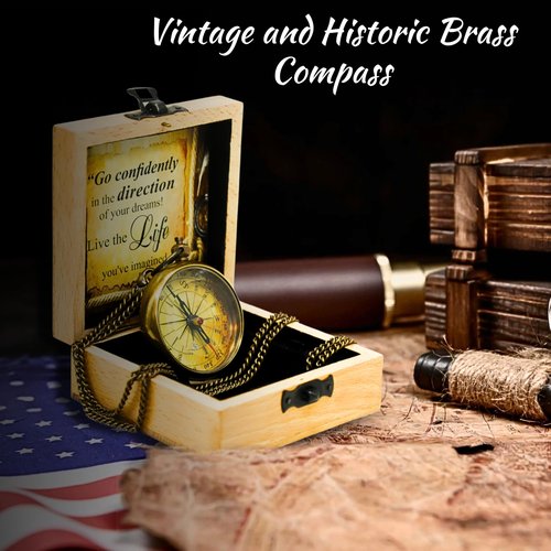 Antique Pocket Compass with Wooden Box for Gift on Birthday Compass Engraved with Inspirational Quotes, Brown Gift for Birthday Anniversary