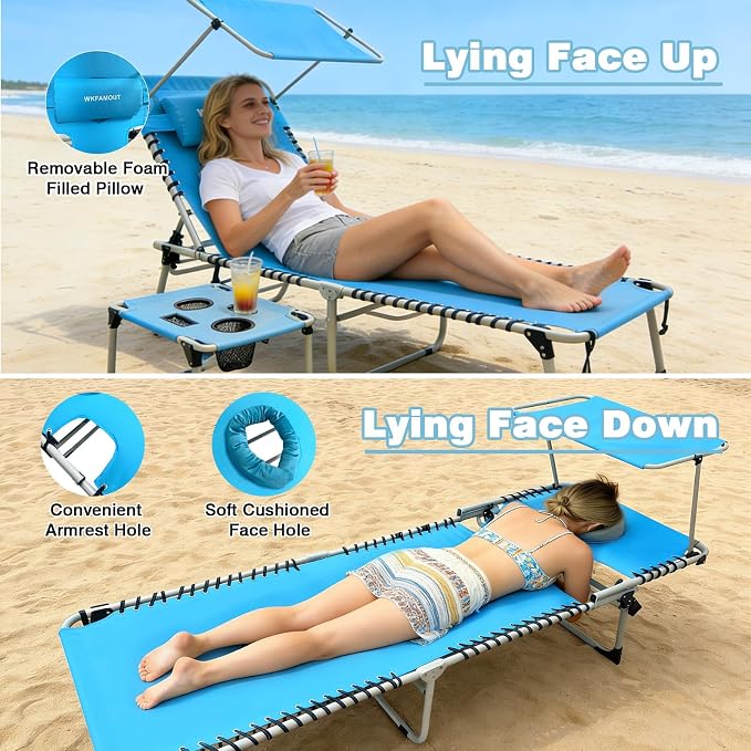 Outdoor Tanning Chair with Sun Canopy Shade & Face Hole, Folding Lounge Chair with Beach Table and Carry Bag for Poolside Sunbathing Lawn