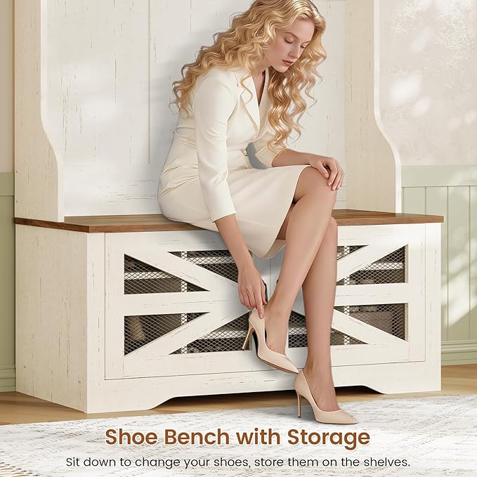 Itaar Hall Tree with Bench and Shoe Storage, 5-in-1 Entryway Bench with Coat Rack, 10 Shoe Cubbies & 9 Coat Hooks, Barn Door & Adjustable Shelf (White)