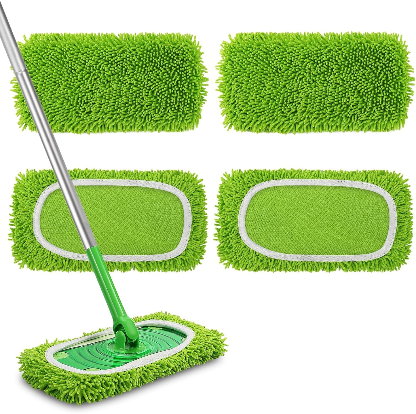 Set of 4 Reusable Microfiber Mop Pads Compatible with Swiffer Sweeper, Dry Sweeping Cloths, Washable Wet Mopping Cloth Refills for Floor Cleaning (Mop is Not Included) (4 Pack, Green)