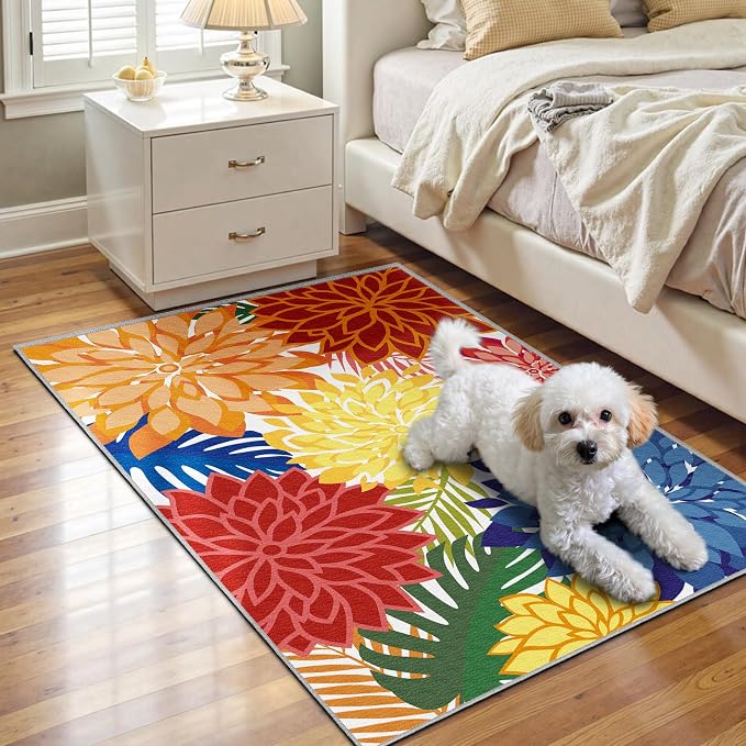 Arenarug 2x3 Colorful Washable Small Rug Tropical Botanical Modern Floral Indoor Chenille Door Mat Carpet Non Slip for Patio, Entry Way, Entrance, Porch, Rainbow
