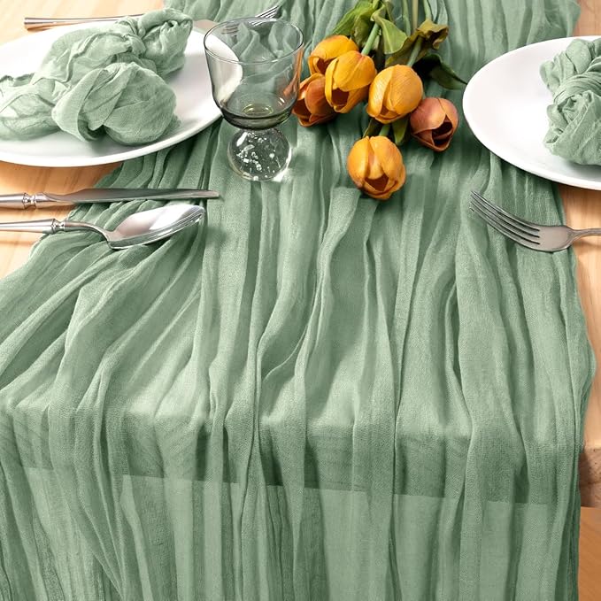 MLMC 8 Pack Sage Green Table Runner 10ft Rustic Gauze Cheesecloth Table Runner 35x120 Inches Cheese Cloth for Boho Wedding Bridal Shower Centerpiece Decor