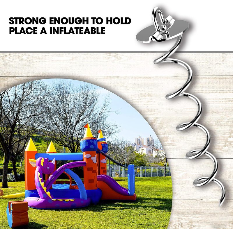 Eurmax USA 4-Pc Pack Spiral Stakes Heavy Duty Anchor Kit Ice Screw Anchor for Trampoline, Tents, tarps, Canopies,car Ports,Dog tie Out and etc Bonus Tie Down Straps 4-Pc Pack (Silver)