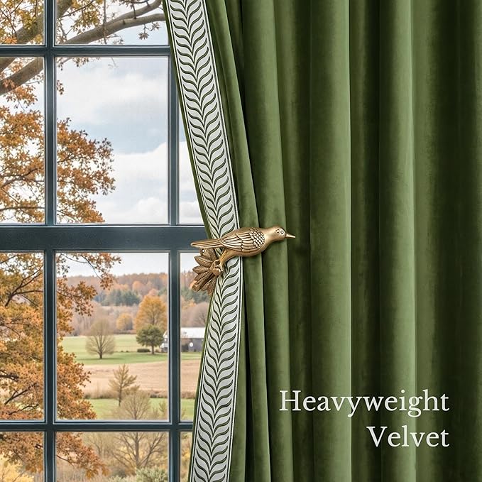 NICETOWN Rod Pocket Embroidered Trim Velvet Curtains, 2 Panels, Olive Green