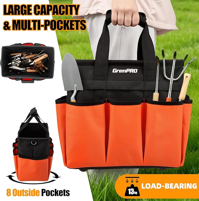 GRENPRO Garden Tool Bag Organizer, Heavy Duty Gardening Tote Toolbox with 10 Pockets, Adjustable Shoulder Strap, Standable & Foldable for Tool Storage, Home Garden Kit, Orange (Tools Not Included)