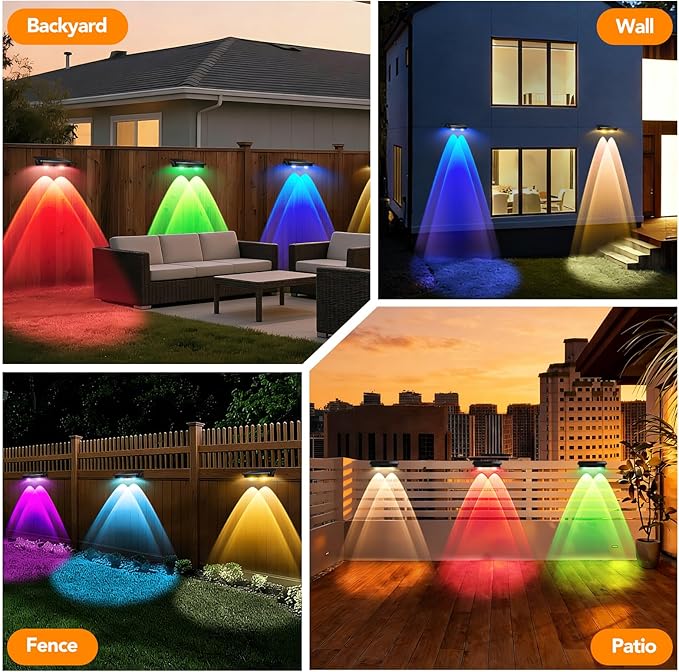 Solar Fence Lights Outdoor 8Pack, Warm White & RGB 6 Color and Glass Panel, Waterproof High Brightness Solar LED Spot Lens Deck Lights for Outside Stairs, Porch Step, Railing, Backyard, Patio