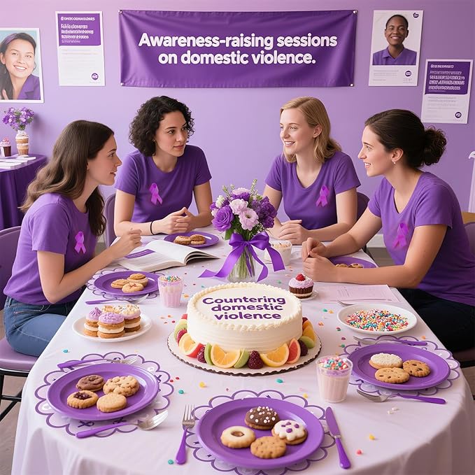 100 Pcs Domestic Violence Awareness Products 13.5" Scalloped Purple Ribbon Paper Placemats Disposable Alzheimer’s Pancreatic Cancer Awareness Products for Charity Public Social Event Party Supplies