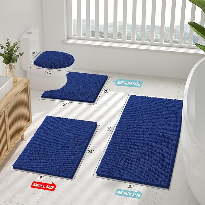 Smiry Luxury Chenille Bathroom Rugs 30x20, Extra Soft and Absorbent Shaggy Bath Mat, Machine Washable, Non-Slip Plush Carpet Runner for Tub, Shower, and Floor, Home Decor Accessories, Royal Blue