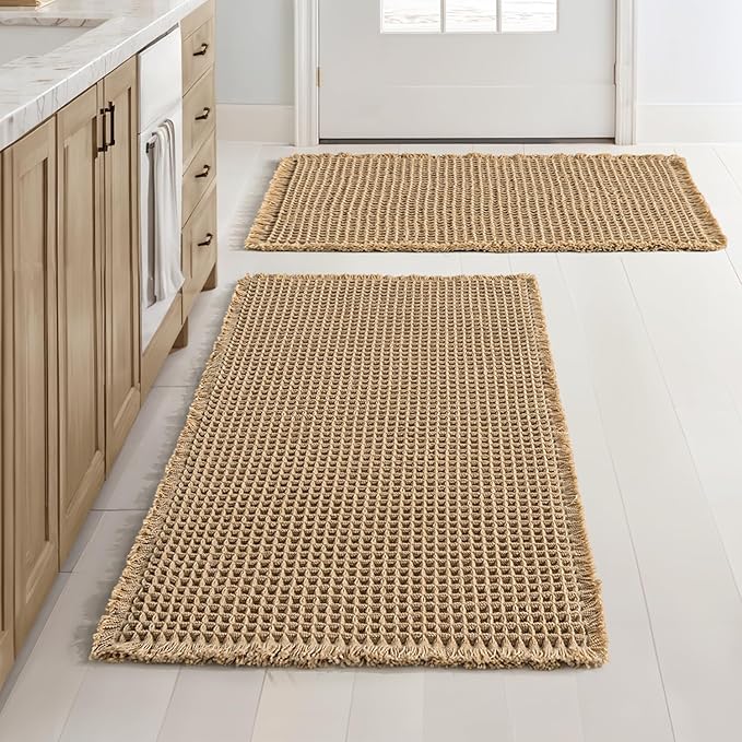 MIULEE Set of 2 Waffle Bathroom Rugs, Boho Bath Rugs Non Slip Washable, Super Absorbent Bath Mats, Ultra Soft Rubber Backed Shower Mats for Bathroom Floor, Tub and Shower, Brown, 18x30 Inch
