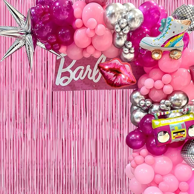 Thicken Pink Streamers 4 Pack 3.2 x 8.2 FT, Pink Birthday Decorations for Girls, Tinsel Backdrop Curtains, Foil Fringe Photo Backdrop for Bachelorette, Graduation, Baby Shower Party Decorations
