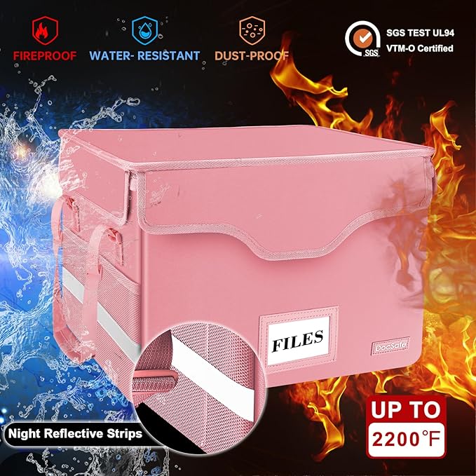 DocSafe Fireproof Document Box with Lock,File Storage Organizer with Pockets,Collapsible Portable File Box Home Office Safe Filing Cabinet with Handle for Hanging Letter/Legal Folders,Pink,2 Pack