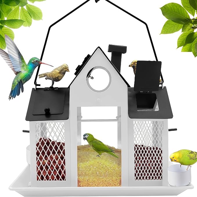 Solar Bird Feeders House for Outside Hanging, Metal Wild Bird Feeder for Outdoors Large Capacity Cardinal Birdfeeder Birdhouses Metal Bird Feeding Station White