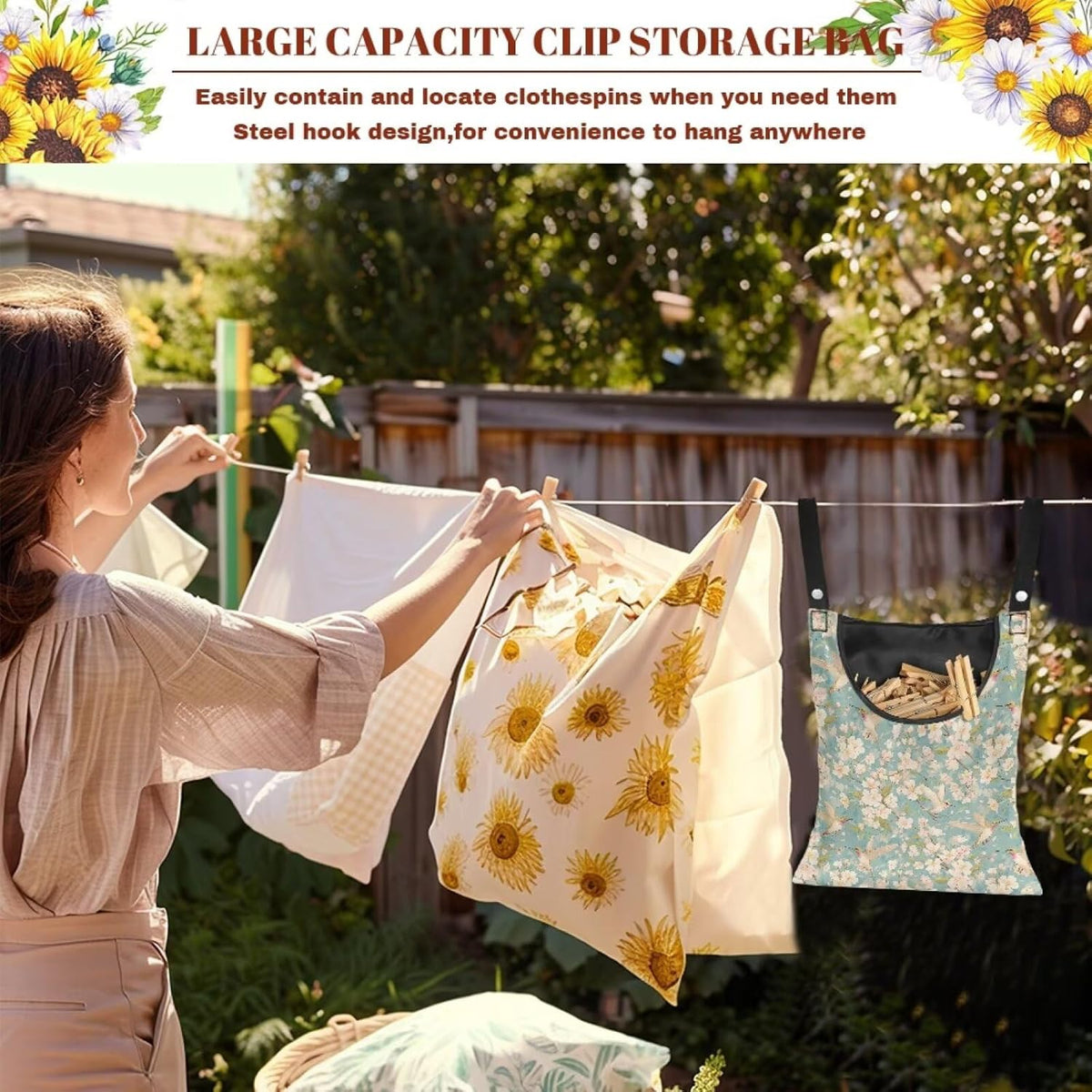 Clothespin Bag, Hanging Laundry Bag, Clothes Lines for Hanging Clothes Outside, Hanging Storage Organizer with Hanging Rope for Home Outdoor - Flower and Bird