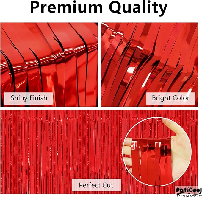 Thicken Red Streamers 4 Pack 3.2 x 8.2 FT, Red Tinsel Backdrop Curtains, Foil Fringe Backdrop for Birthday, Casino, Carnival, Christmas, Cherry, Hollywood Red Carpet Party Decorations