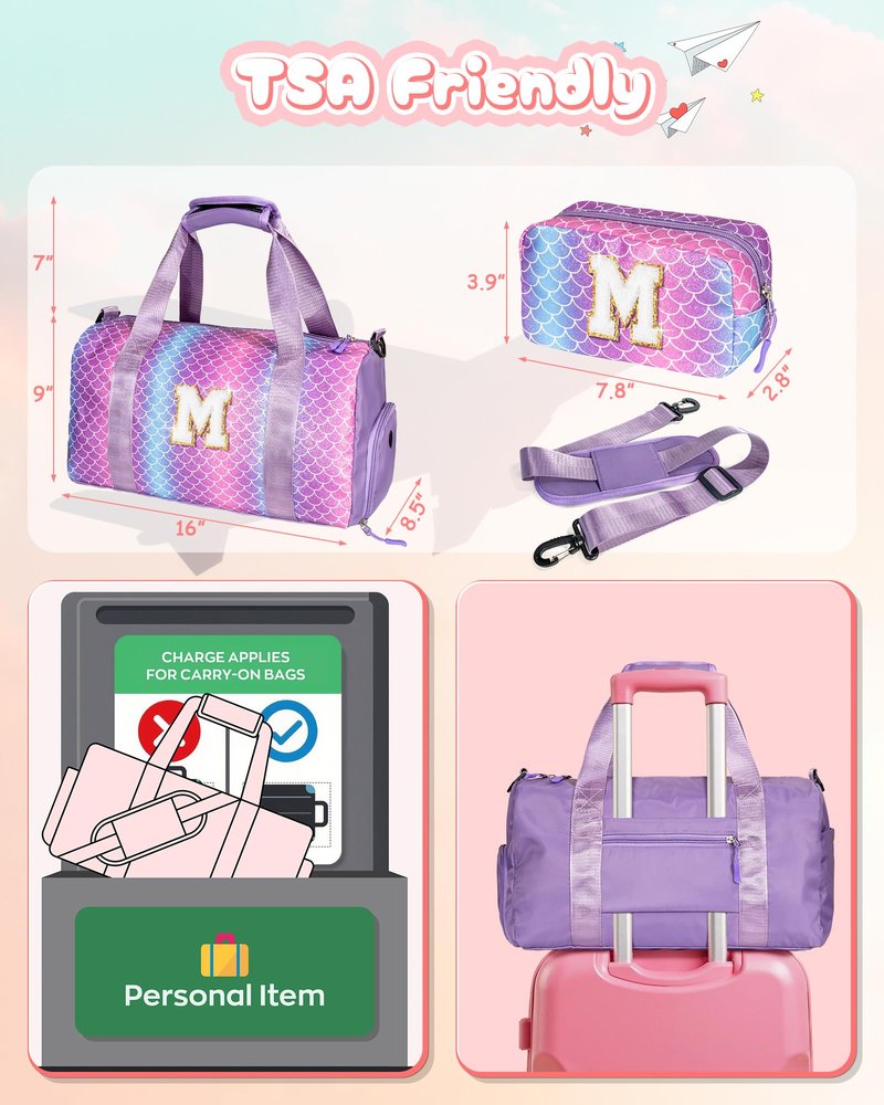 Vogewood Cool Stuff for Teen-Girl Gym Bag with Shoe Compartment, Kid Personalized Weekender Overnight Bags, Initial Travel Tote with Makeup Pouch, Gift for 7 8 9 10 11 12 Year Old Girls (Letter S)