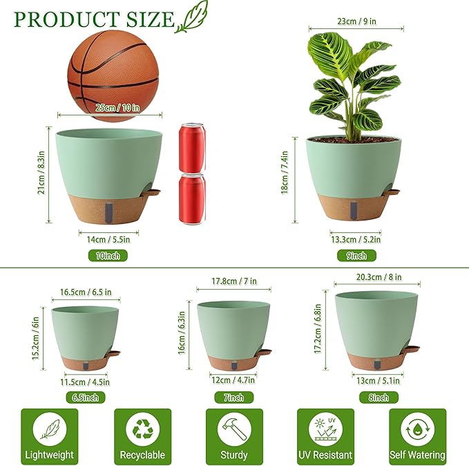 Self Watering Pots for Inoor Ourdoor Plants 10/9/8/7/6.5 Inch Plastic Planters with Drainage Holes & Water Level Indicator, Decorative House Flower Nursery Planting Pots with Saucers(Green)
