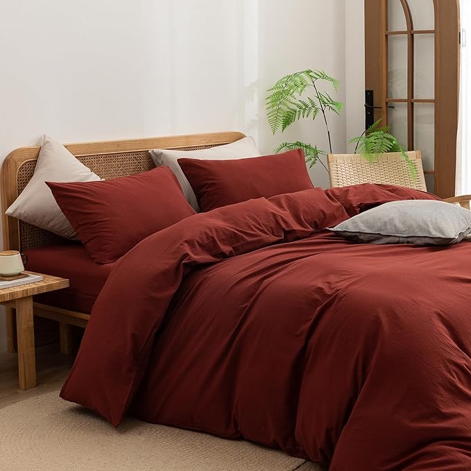 BESTOUCH Duvet Cover Set 100% Washed Cotton Linen Feel Super Soft Comfortable Chic Lightweight 3 PCs Home Bedding Set Solid Fired Brick Red Oversized King