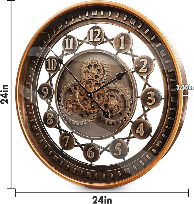 24 Inch Wall Clock with Moving Gears Large Industrial Steampunk Metal Clock