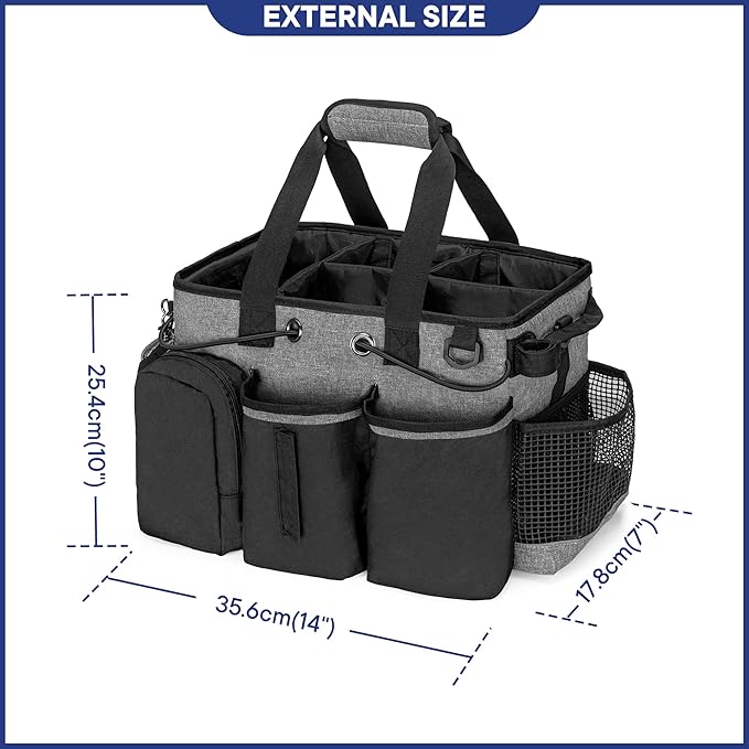 LoDrid Large Professional Cleaning Caddy with Detachable Divider, Supply Organizer with Handle and Shoulder Strap, Cleaning Bags for Housekeepers & Cleaners, Black