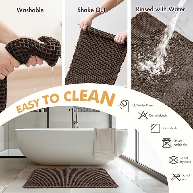 MIULEE Set of 2 Waffle Bathroom Rugs, Boho Bath Rugs Non Slip Washable, Super Absorbent Bath Mats, Ultra Soft Rubber Backed Shower Mats for Bathroom Floor, Tub and Shower, Chocolate, 17x24 Inch