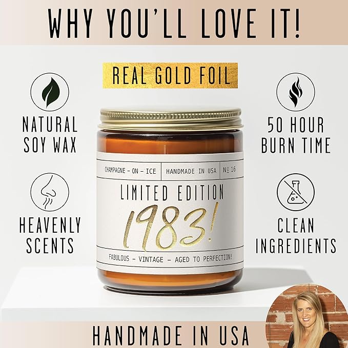 42nd Birthday Gifts for Women - 'Limited Edition 1983' Soy Candle, w/Champagne on Ice I 42 Birthday Gifts for Women I 42nd Gift for Her Ideas I 9oz Reusable Jar, 50Hr Burn, Made in USA