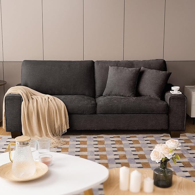 DOPEDIO Modern Loveseat Sofa for Living Room,Chenille Recliner, Removable Cover, Spring Cushions, Solid Wood Frame, Easy Assembly for Small Spaces (71.25inch，Dark Grey)