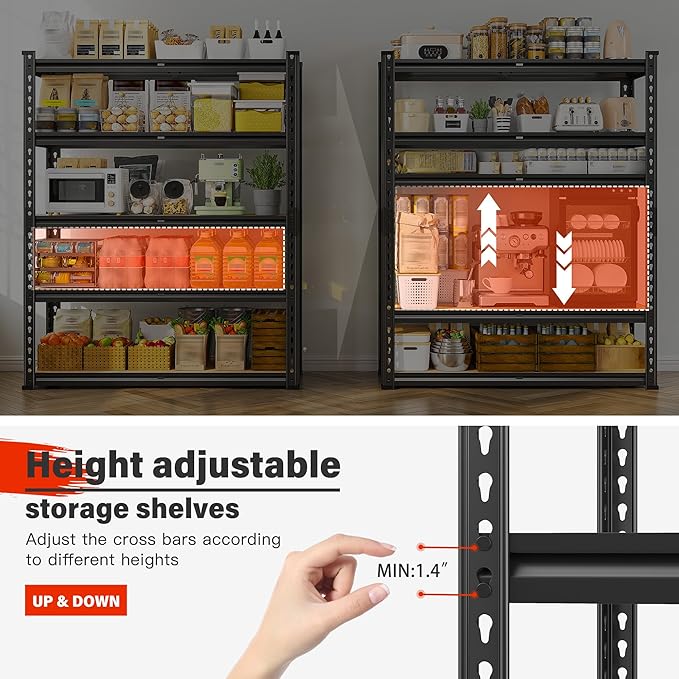 REIBII 72" H Garage Shelving Heavy Duty Shelves for Storage 2000LBS Garage Storage Shelves Adjustable 5 Tier Metal Storage Shelving Unit for Craft Warehouse Pantry Basement 72''*35.5''*11.8'' 4 Pack