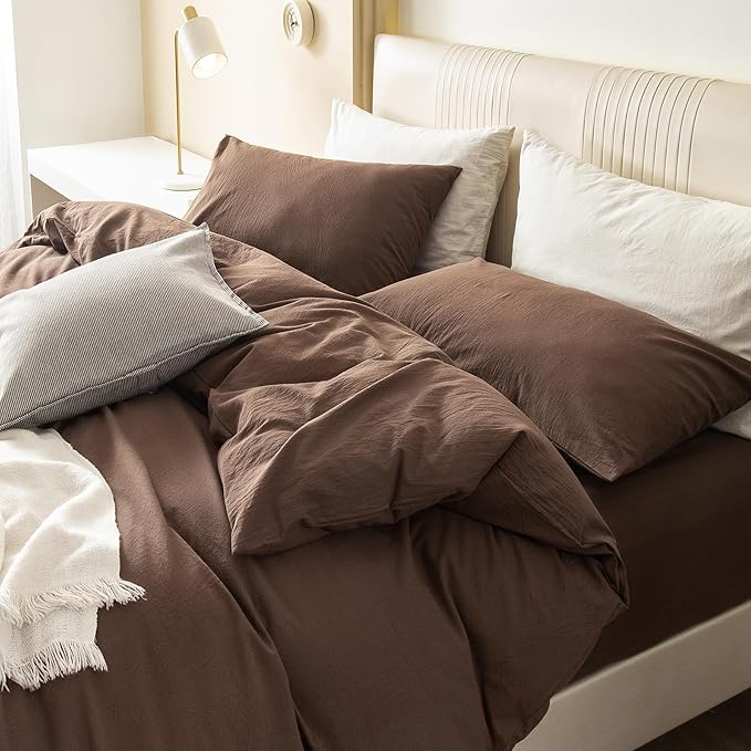 JIYUAN 100% Washed Cotton Duvet Cover Set 3 Pieces Full, 1 Duvet Cover 80x90 Inches(Comforter Not Included) and 2 Pillowcases,Linen Feel Bedding Set Comfy and Breathable,Chocolate Brown