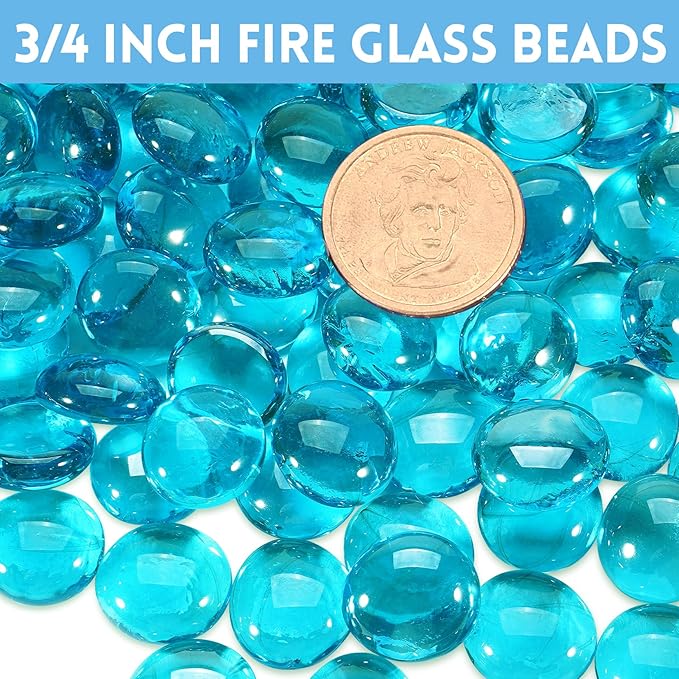 Fire Glass, Caribbean Blue Fire Rocks for Propane Firepit, Fireplace and Outdoor Decorative. 3/4 High Luster Round Glass Rocks, 10LB