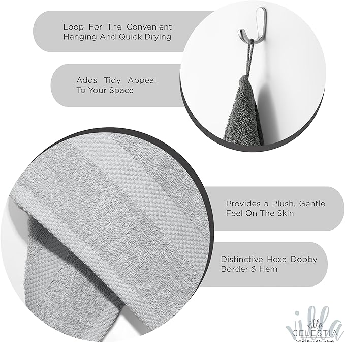 100% Combed Cotton Bathroom Towel Set of 6- 2 Bath Towels, 2 Hand Towels, 2 Wash Cloths, Sustainable, Soft, Highly Absorbent 6 Piece Cotton Bath Towel Set Ideal for Hotels, Spa, Bathroom, Dorm, Silver
