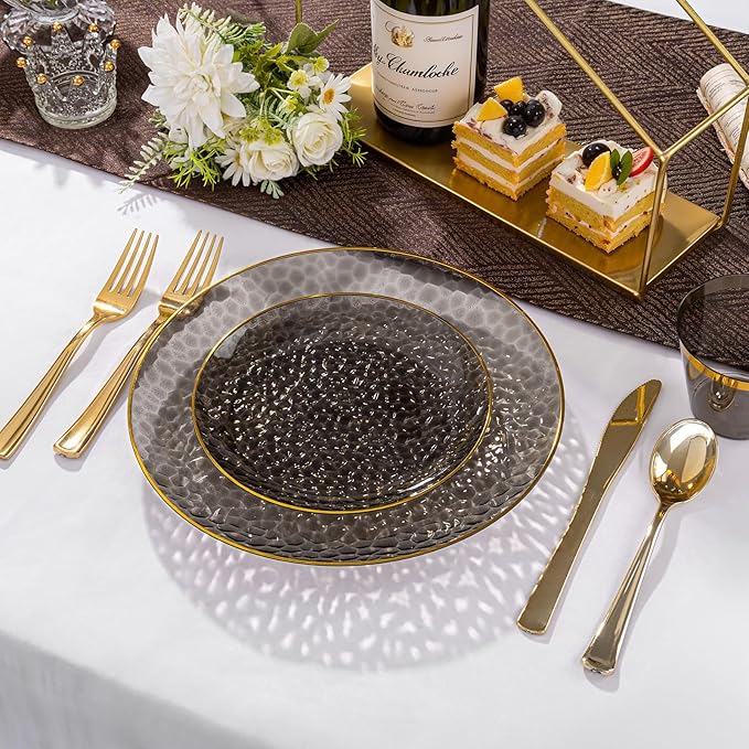 Rubtlamp 60Pcs Black Plastic Plates, Black Disposable Plates With Gold Rim, Clear Heavy-duty Party Plates, Hammered Plastic plates Include 30 Dessert Platos, 30 Dinner Platos for Party, New Year