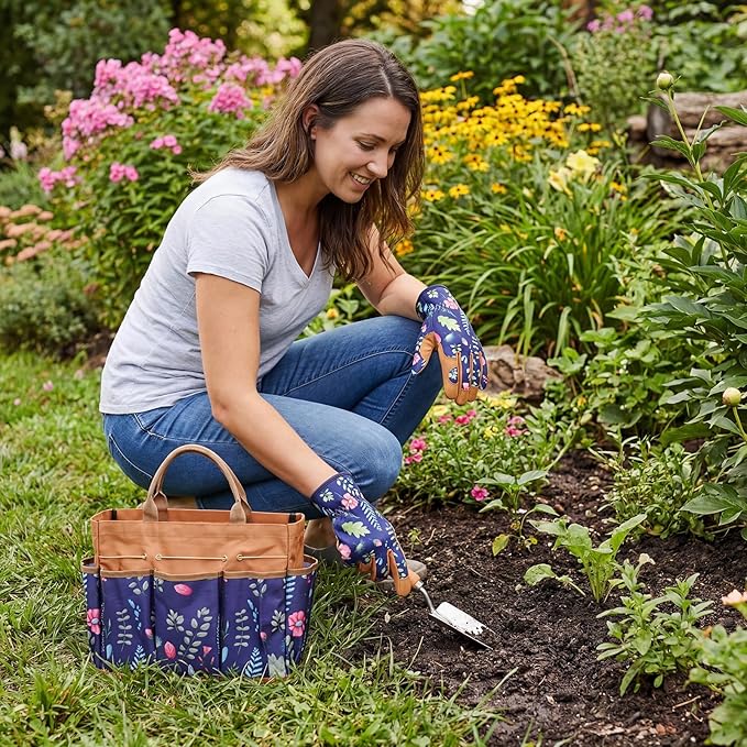 2 Pcs Heavy Duty Gardening Tools, Leather Gloves with Multi-Pocket Tote Bag, Thorn Resistant Non Slip Fashion Durable Set, Breathable Comfortable Ergonomic Gardening Gifts for Women