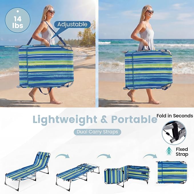Giantex Tanning Chair, 330Lbs Patio Lounge Chair with 5 Adjustable Position, Face & Arm Hole, Hand/Shoulder Strap, Removable Pillow, Side Pocket, Chaise Lounger for Beach Sunbathing Outdoor, Stripe