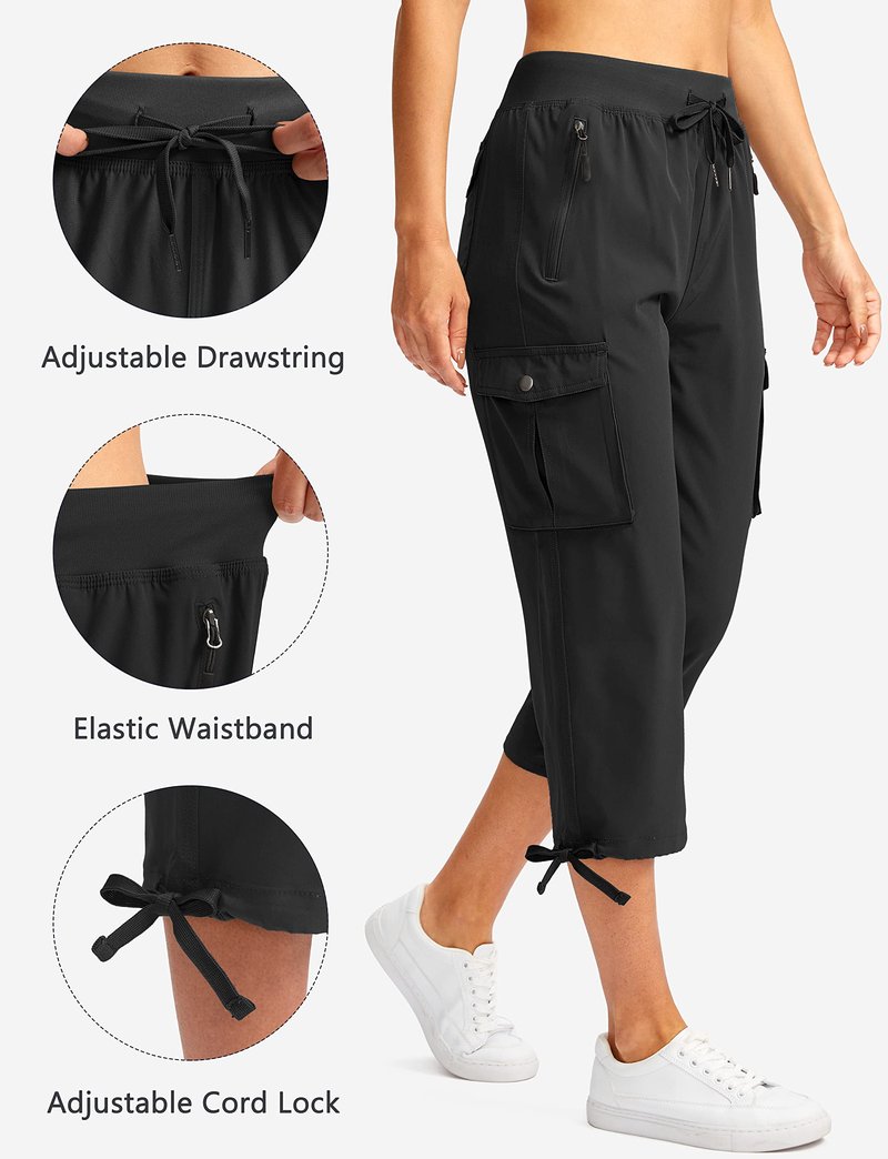 Soothfeel Women's Cargo Capris Pants with 6 Pockets Lightweight Quick Dry Travel Hiking Summer Pants for Women Casual (Black, 4XL)