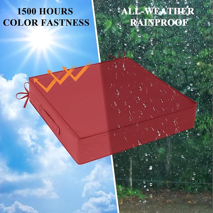 Outdoor Chair Cushions 24x24x4 Inch, Waterproof Red Patio Furniture Cushions Set of 2 with Ties & Handle, 3 Year Color Fastness Square Replacement Seat Cushions for Sofa, Couch