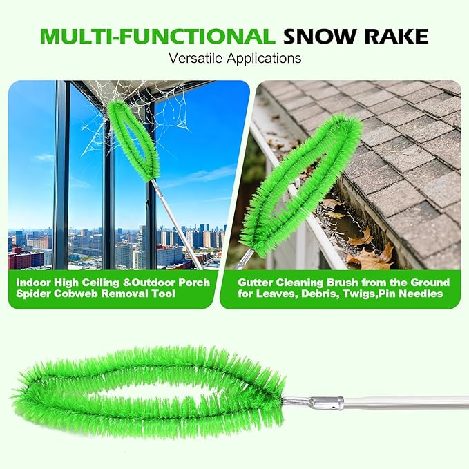 19Ft Roof Rake Brush for Snow and Leaves, Gutter Cleaning Broom Tool, Spider Web Brush Cleaner for Shingles, Corrugated，High Ceiling,Porch,Outdoor Window Cob Web Remover - Lightweight Pole