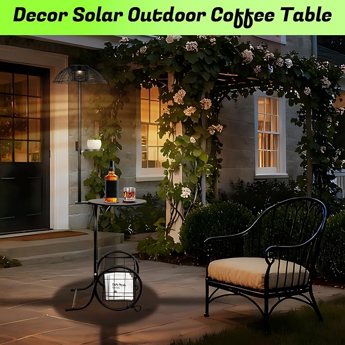 Solar Outdoor Side Table with Light, 52.5'' Waterproof Metal Patio End Table, Solar Powered Accent Table with Auto Light ON/OFF & USB Charging, Pefect for Porch Backyard Poolside Balcony, Black