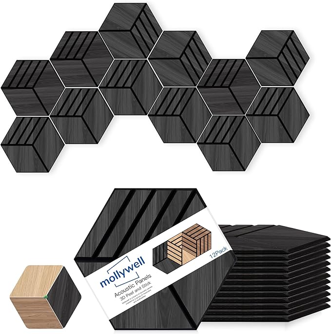 Mollywell Acoustic Panels, PVC Wood-Grain, 14x12 Inch Hexagon Carved Sound
