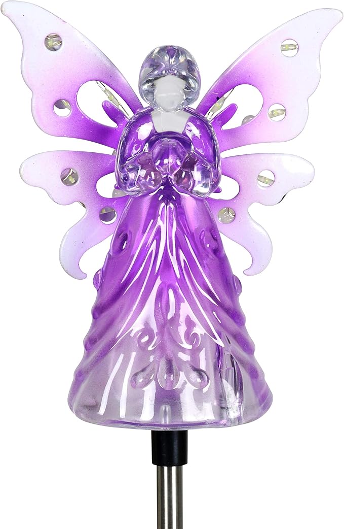 Exhart Garden Solar Lights, Decorative Angel Garden Stake, 12 LEDs, Cute Yard and Pathway Decor, Purple, 4 x 34 Inch
