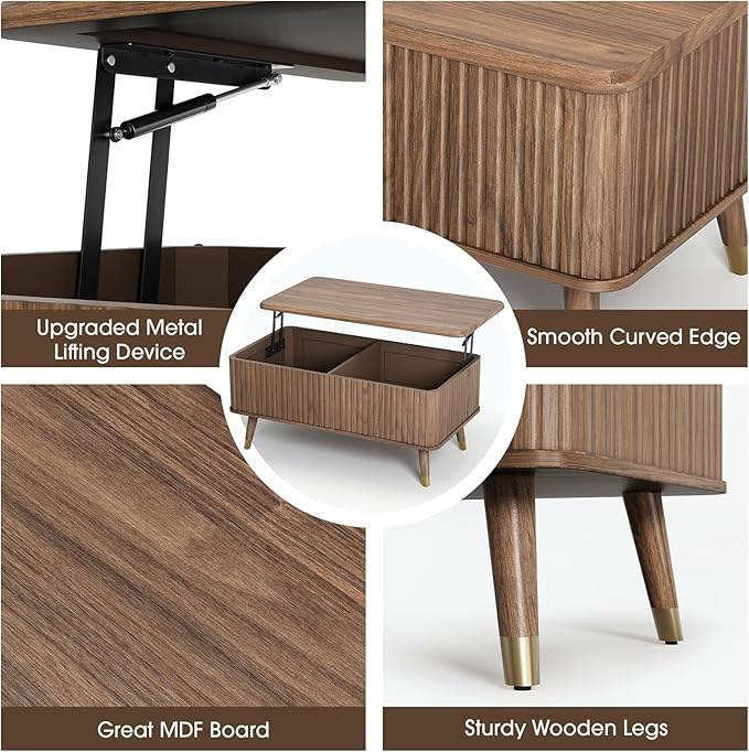Lift Top Coffee Table with Storage, Mid Century Modern Fluted Wood Design,Pop-Up Walnut Center Table with Hidden Compartment for Living Room & Home Office Work/Dining
