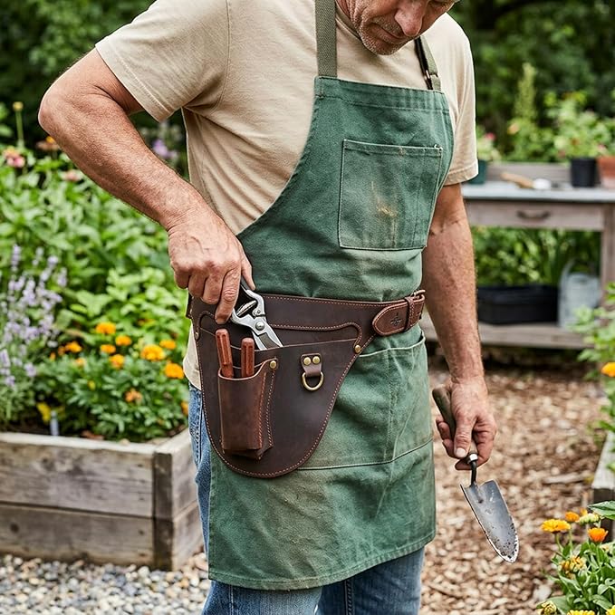 Tourbon Genuine Leather Florist Tool Belt Gardening Bag Gardener Farmer Tools Holster Waist Pouch Electrician Carpenter Organizer Kit 3 Pockets (Brown, 42 inches)