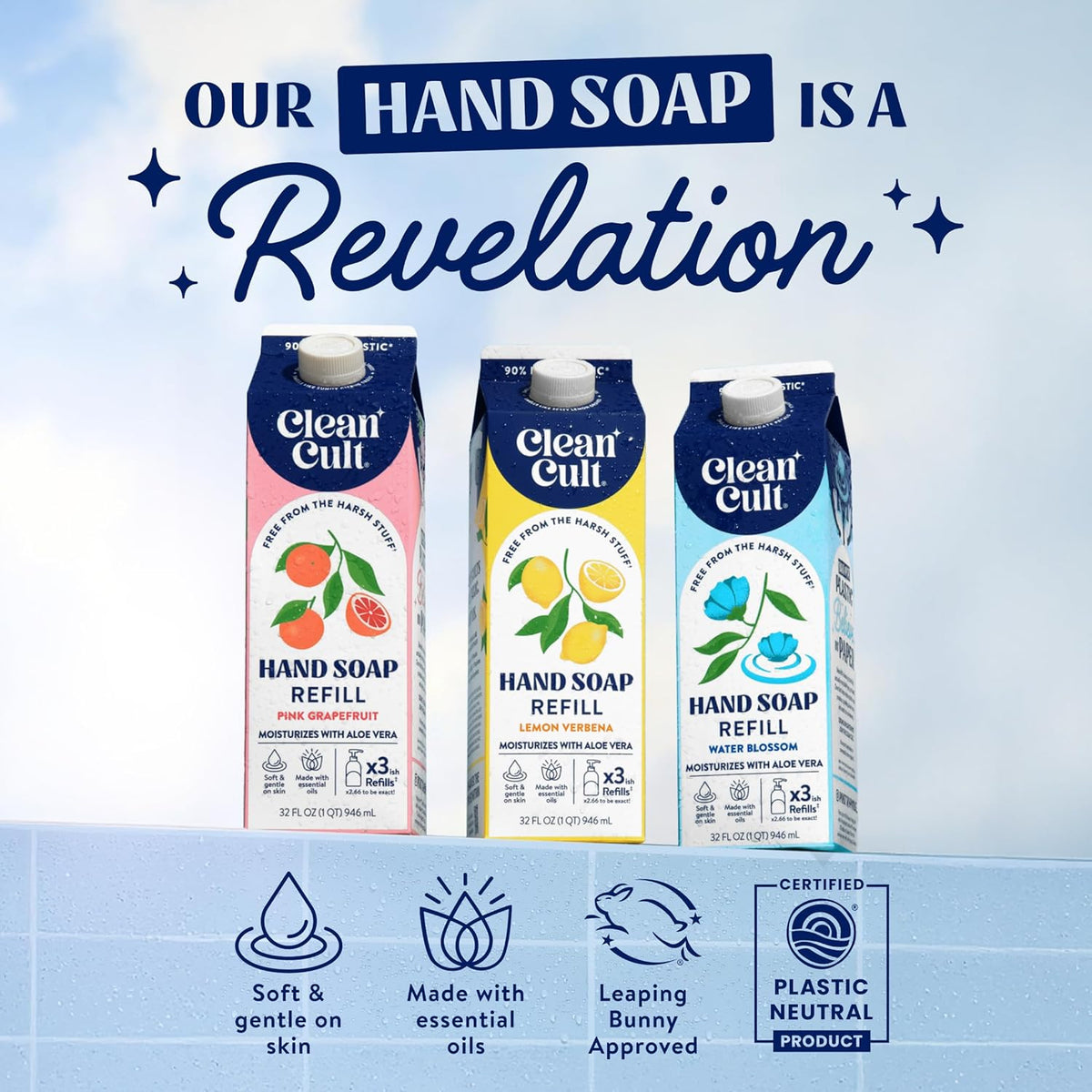 Cleancult Liquid Hand Soap Refill - Pink Grapefruit- Moisturizes Dry & Sensitive Skin - Made with Aloe Vera & Essential Oils - Eco Friendly - Paper-Based Packaging - 32 oz/2 Pack
