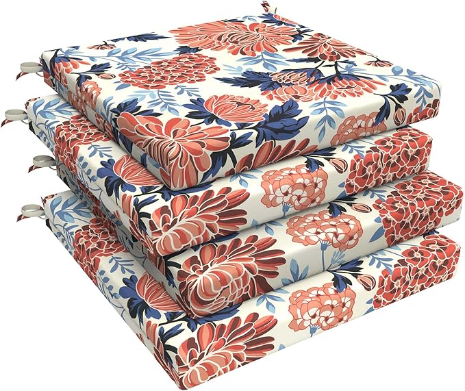 LVTXIII Outdoor Seat Cushions Seasonal Replacement Chair Cushions, Patio Chair Pads with Ties for Dining Chairs and Garden Furniture, Square Back, 19"x19"x2", 4 Pack, Red Chrysanthemum