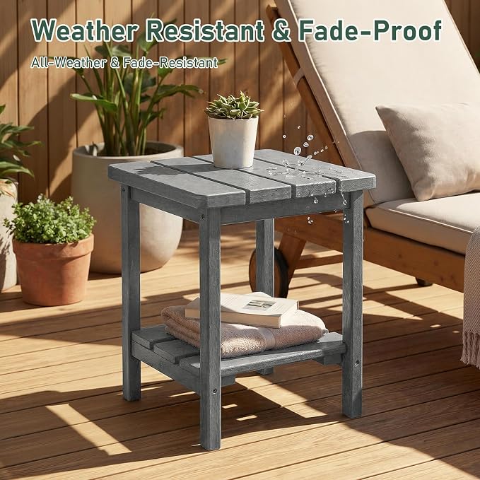 Furnimart Adirondack 2-Layer Square Outdoor Side Table, Extra-Thick HDPE Weather-Resistant Small Patio Table, Gray Outdoor End Table for Garden Balcony Yard Deck Poolside(Gray)