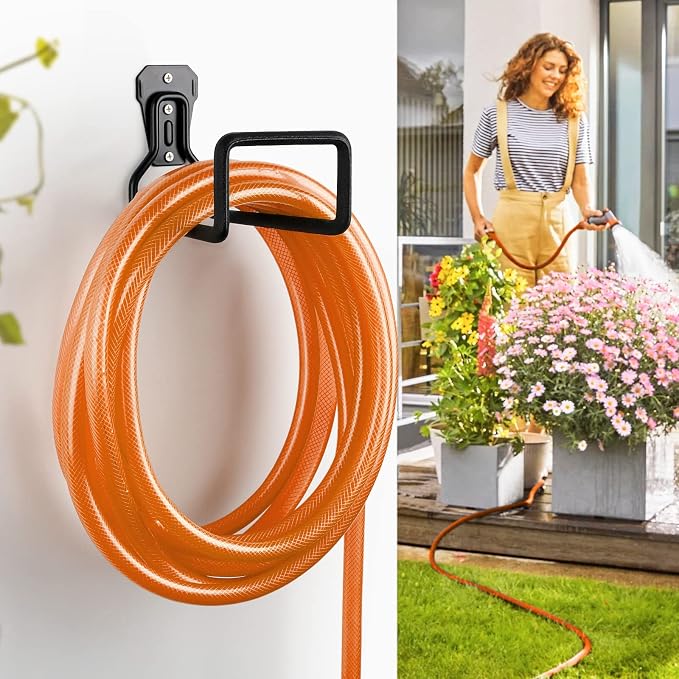 Hose Holder Stand Wall Mount, 2Pcs Heavy Duty Garden Hose Hanger Reel, Metal Water Pipe Tube Hooks Rack for Outside Yard, Garage, Storage Organizer - Black