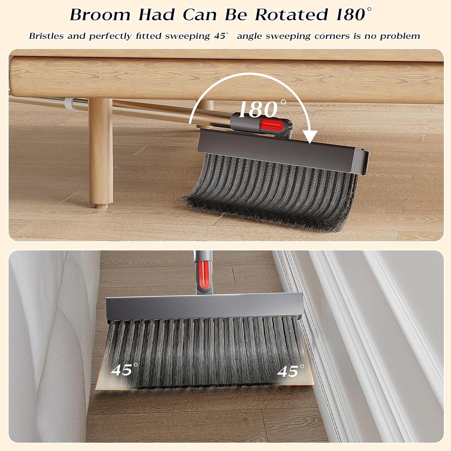 Broom with Dustpan Combo Set 180 Degree Rotating Broom Set with Comb Teeth Upright Standing Dust Pan with Adjustable Long Handle for Home Room Kitchen