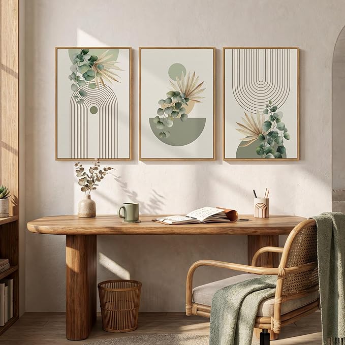 Framed Green Boho Wall Art for Living Room, 3 Piece Bohemian Botanical Canvas
