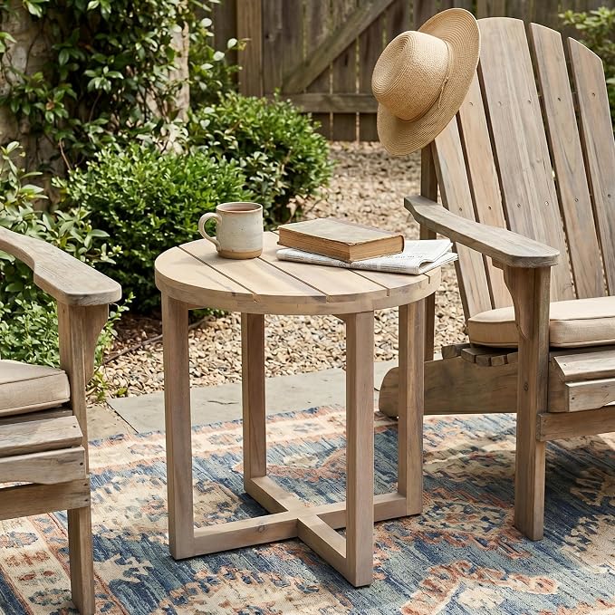 Christopher Knight Home Jara Outdoor Round Side Table, Slat Panel Small Coffee Table, Acacia Wood Side Desk for Backyard Balcony Garden, Weather Resistant Patio End Table, Light White