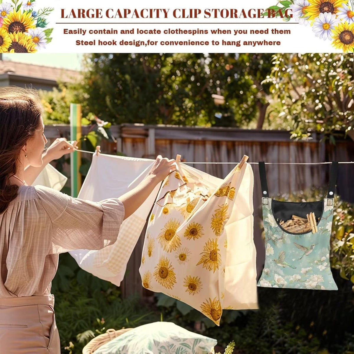 Clothespin Bag with Large Capacity for Mini and Wooden Clothespins with Large Opening Storage Organizer Laundry Hanging Bag - Hummingbird Flower Print